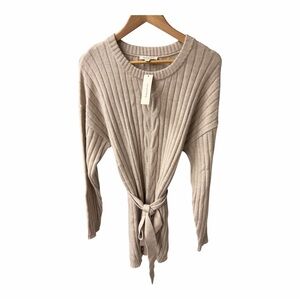 Francesca's Beige Ribbed Knit Sweater with Tie Waist